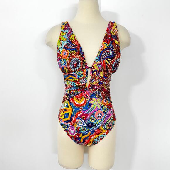 Bleu Rod Beattie One Piece Swimsuit Plunging Neckline Paisley Multicolor 8 - Picture 2 of 9